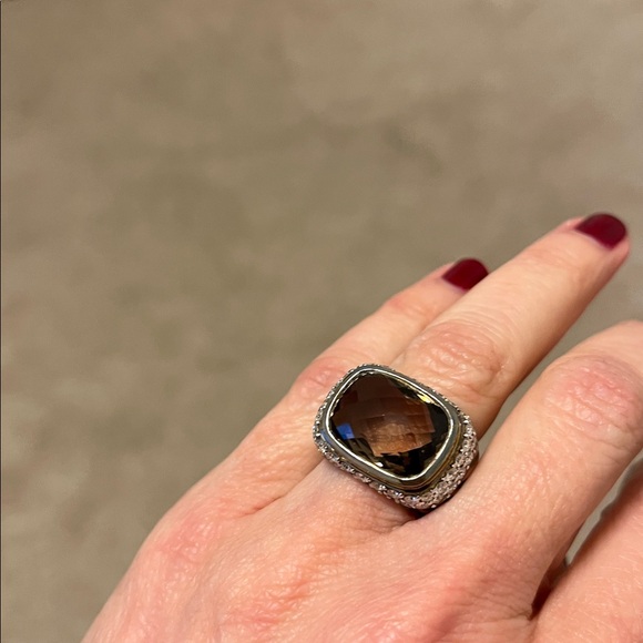 David Yurman Silver Ring with Diamonds Surrounding Smoky Quartz - Picture 3 of 7